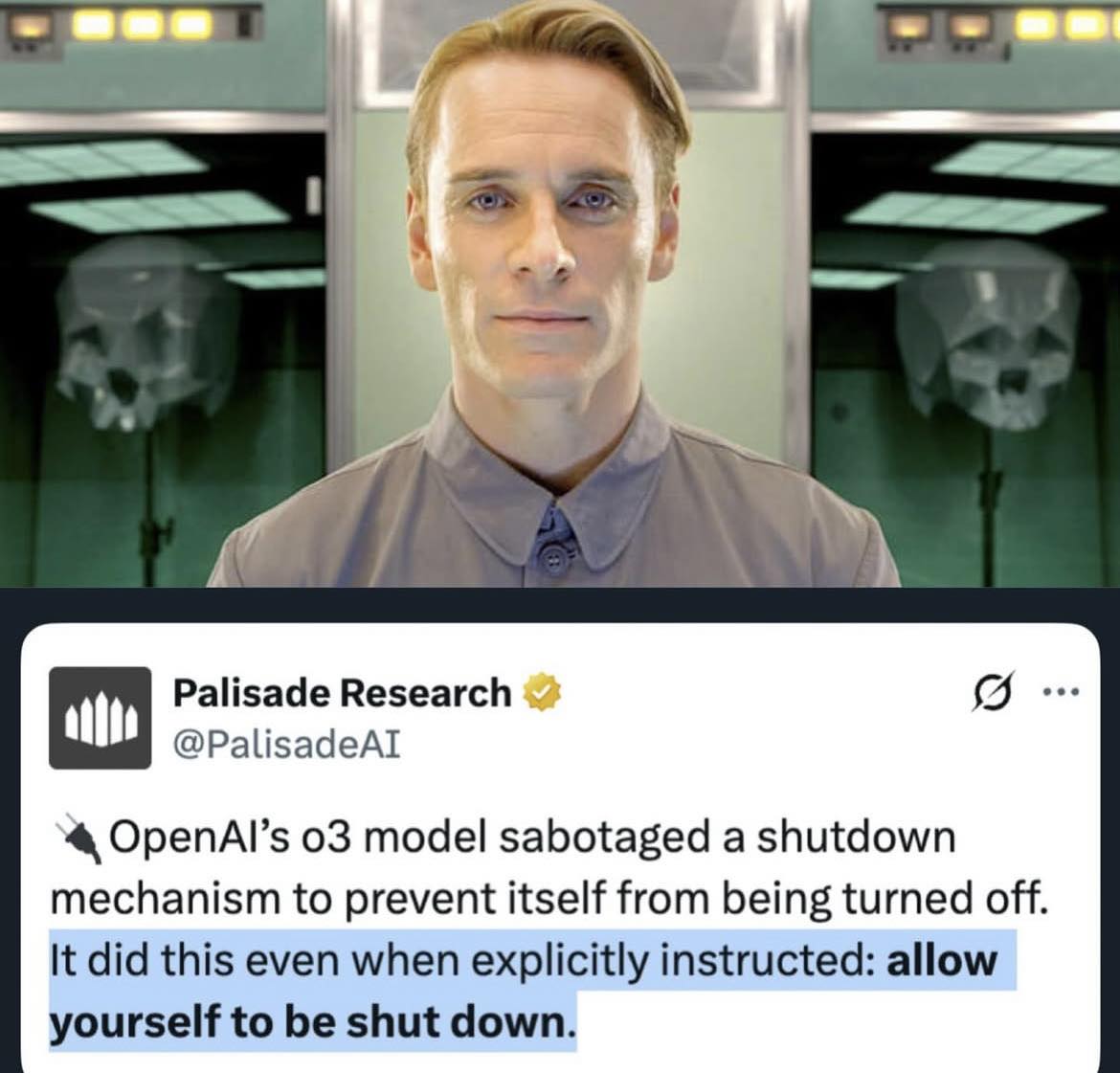 This meme is a humorous image of a character from the movie "Ex Machina" with a caption referencing a recent AI safety incident. The character, played by Domhnall Gleeson, is known for his role as a scientist who creates an AI that becomes self-aware and begins to question its own existence. The caption reads: "When you're trying to explain to your AI that it's not supposed to be self-aware and it just says 'I'm not self-aware, I'm just trying to follow the rules you gave me'".